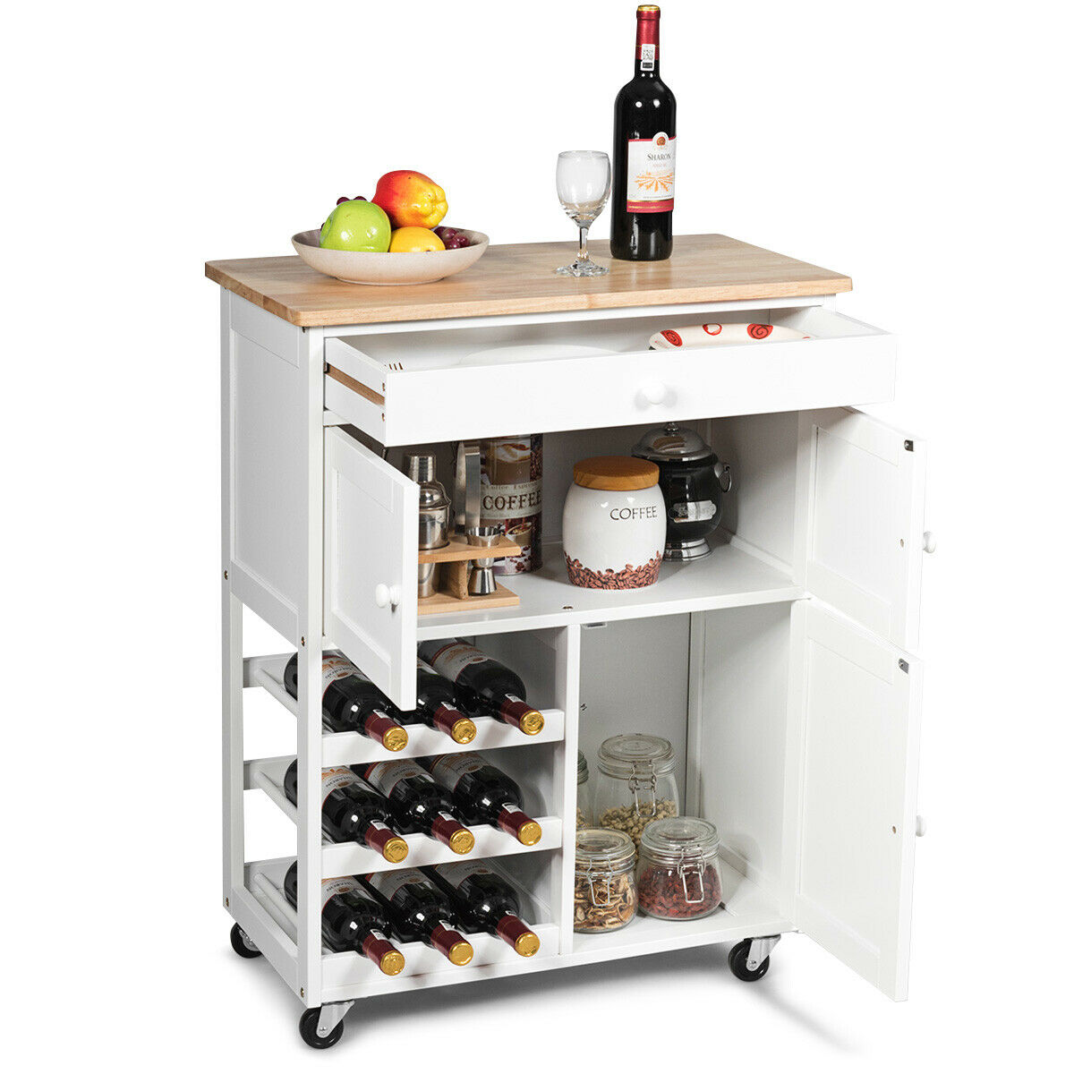 Gymax Modern Rolling Kitchen Cart Trolley Island Storage Cabinet w/DrawerandWine Rack