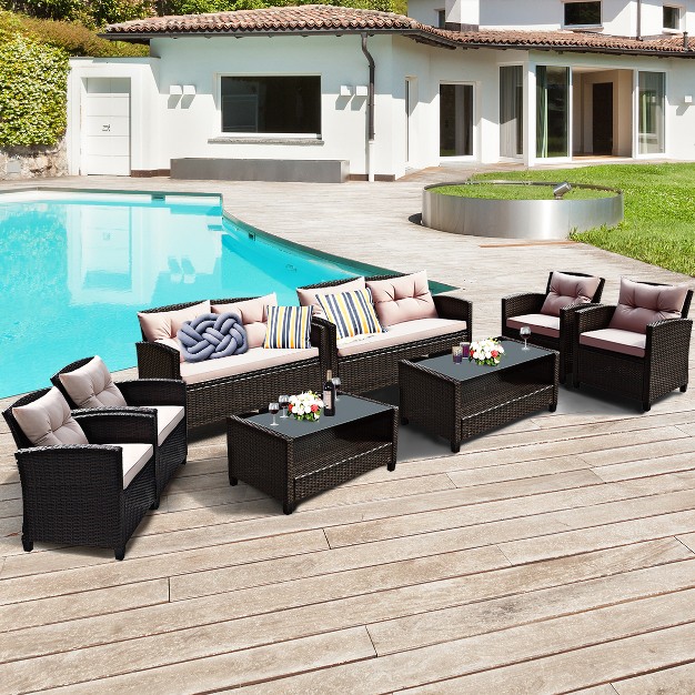 Costway 8pcs Outdoor Rattan Furniture Set Cushioned Sofa Armrest Table