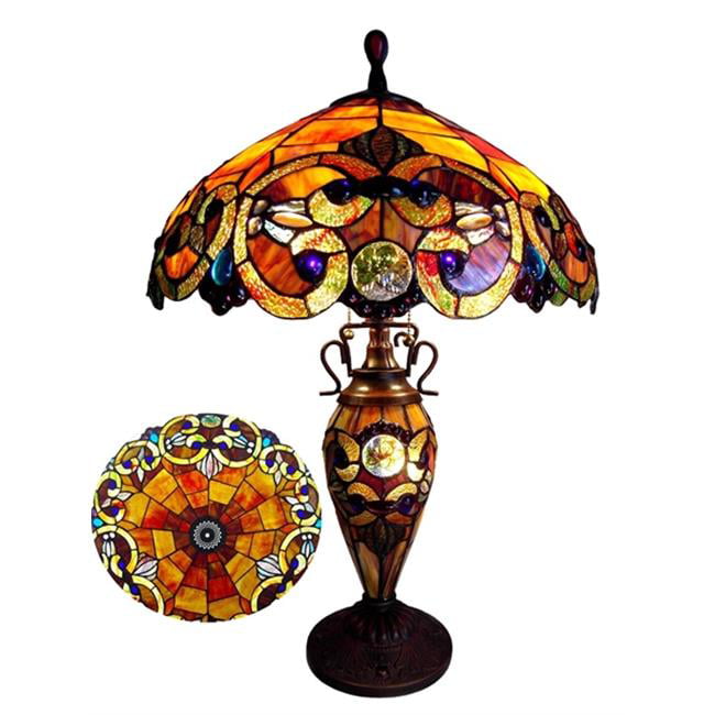 18 in. Shade Lighting Demetra Auror Style 3 Light Victorian Stained Glass Double Lit Table Lamp - Antique Bronze