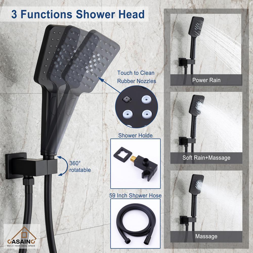 CASAINC 1Handle 3Spray Pattern 12 in Wall Mount Shower Set Shower Head Tub and Shower Faucet Matte Black