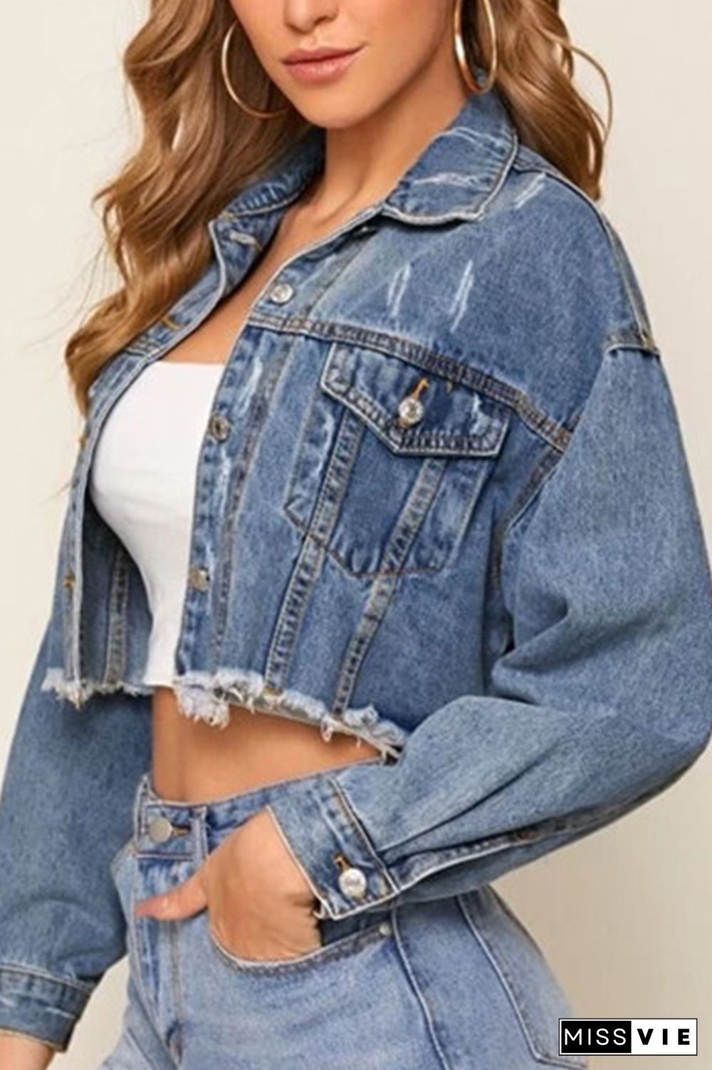 Buttons Front Raw Hem Ripped Crop Denim Jacket Women Wholesale