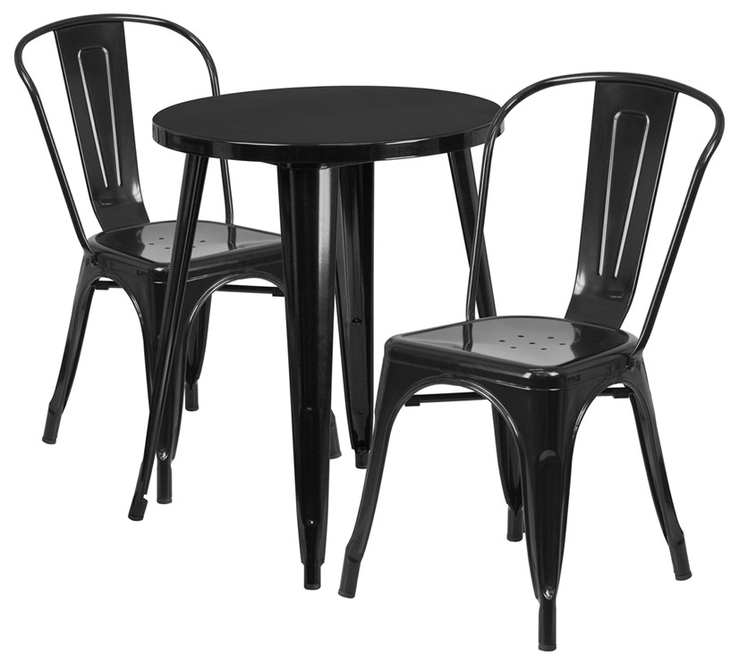 24 quotRound Black Metal Indoor/Outdoor Table Set  2 Cafe Chairs   Industrial   Outdoor Dining Sets   by First of a Kind USA Inc  Houzz