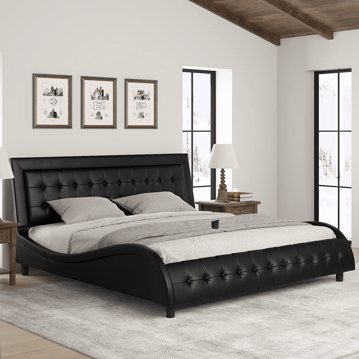 Einfach King Size Bed Frame with Adjustable and Button-Tufted Headboard, Black