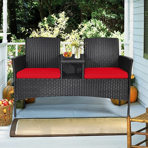 Gymax Rattan Wicker Patio Conversation Set w/ Table Red Cushion