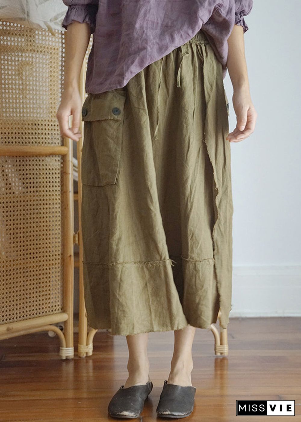 Fashion Green elastic waist drawstring Asymmetrical pocket Linen Skirt Spring