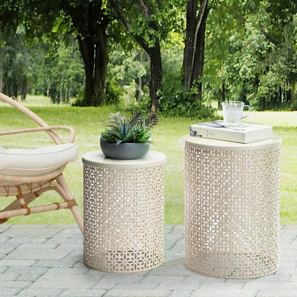 Glitzhome Multi-Functional Metal Cream White Garden Stool or Planter Stand or Accent Table or Side Table (Set of 2) GH2003800006