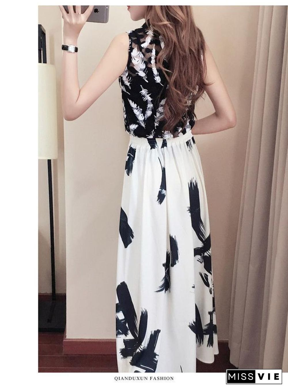 Mesh Top Ink Painting Print Split Skirt Two Piece Dress