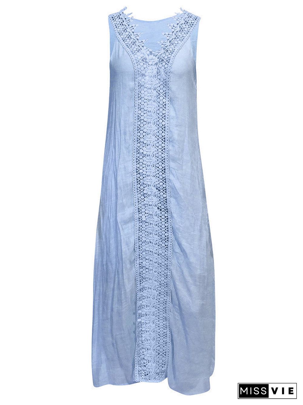 Women Sleeveless V-neck Solid Lace Stitching Maxi Dress