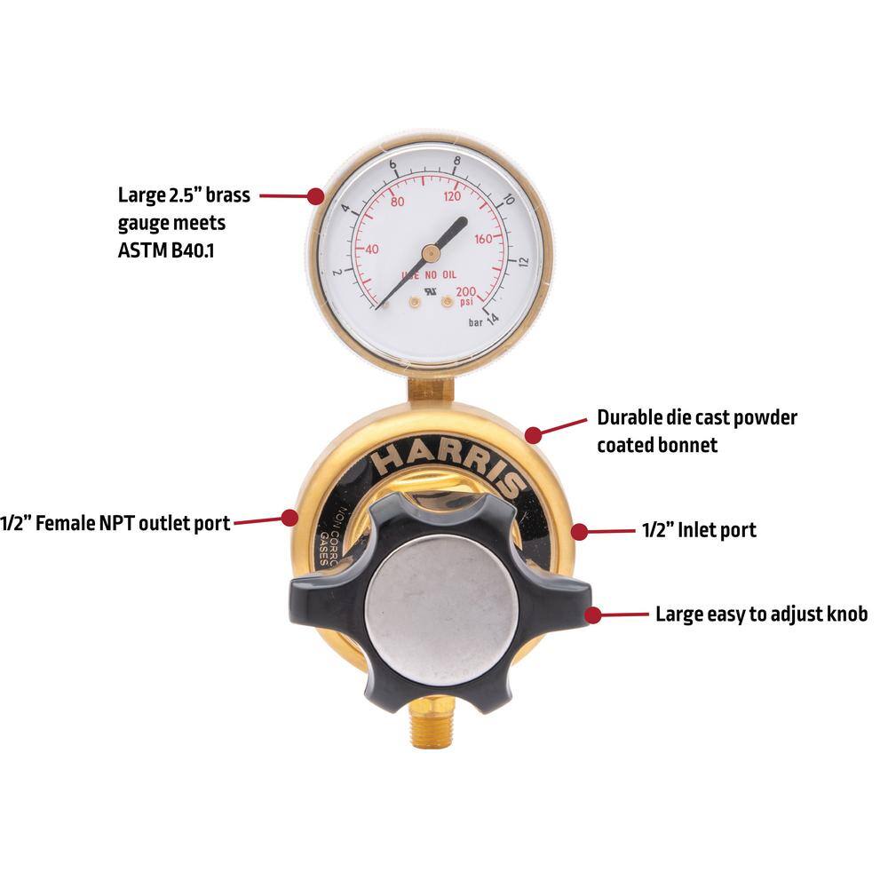 Harris High-Flow Single Gauge Inline Manifold Nitrogen Helium Argon Hydrogen Oxygen Regulator 0-125 PSIG 12 in. FNPT 4000802