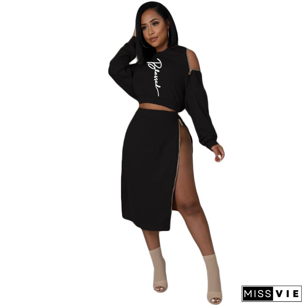 Letter Print Hooded Crop Top Zip Slit Skirt Set