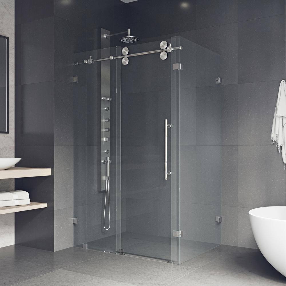 VIGO Winslow 34 in. L x 46 in. W x 74 in. H Frameless Sliding Rectangle Shower Enclosure in Stainless Steel with Clear Glass VG6051STCL48