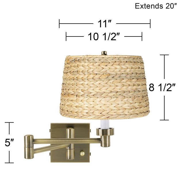 Barnes And Ivy Modern Swing Arm Wall Lamp Antique Brass Plug in Light Fixture Woven Seagrass Drum Shade Bedroom Bedside Reading