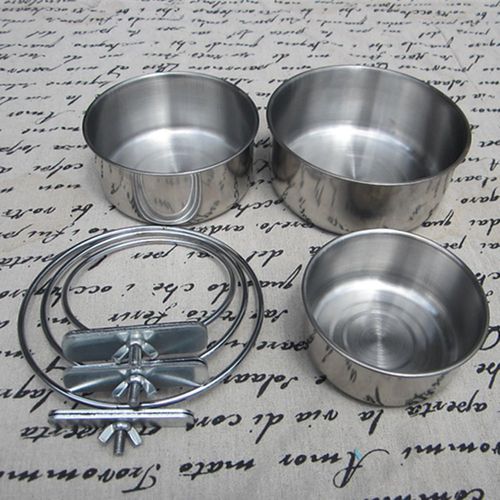 AkoaDa Bird Feeding Dish Cups， Parrot Food Bowl Clamp Holder - Stainless Steel Coop Cup， Bird Cage Water Bowl for Parakeet African Greys Conure Cockatiels