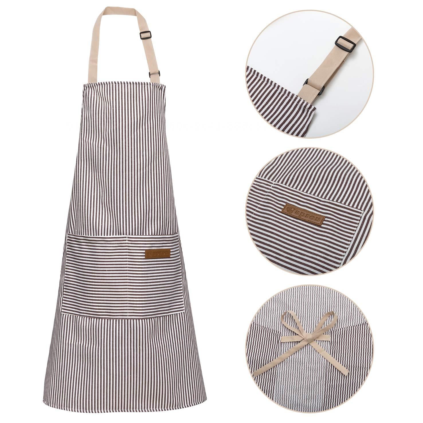 bangyoudaoo 2-piece Adjustable Bib Apron with 3 Pockets Cooking Kitchen Apron Barbecue Painting Female Male chef Pinstripe Black+Gray E