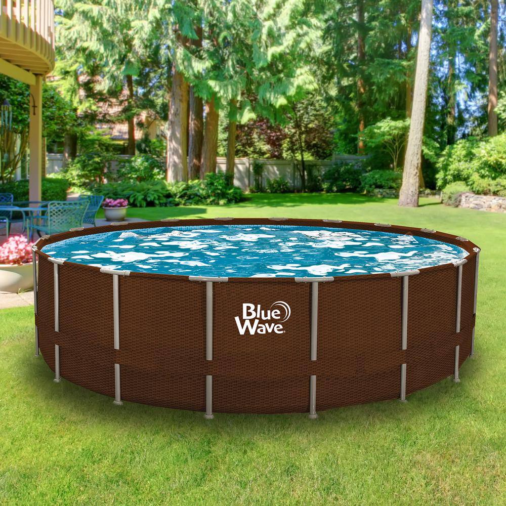 Blue Wave Mocha Wicker 18 ft. Round 52 in. Deep Metal Frame Swimming Pool Package NB19907