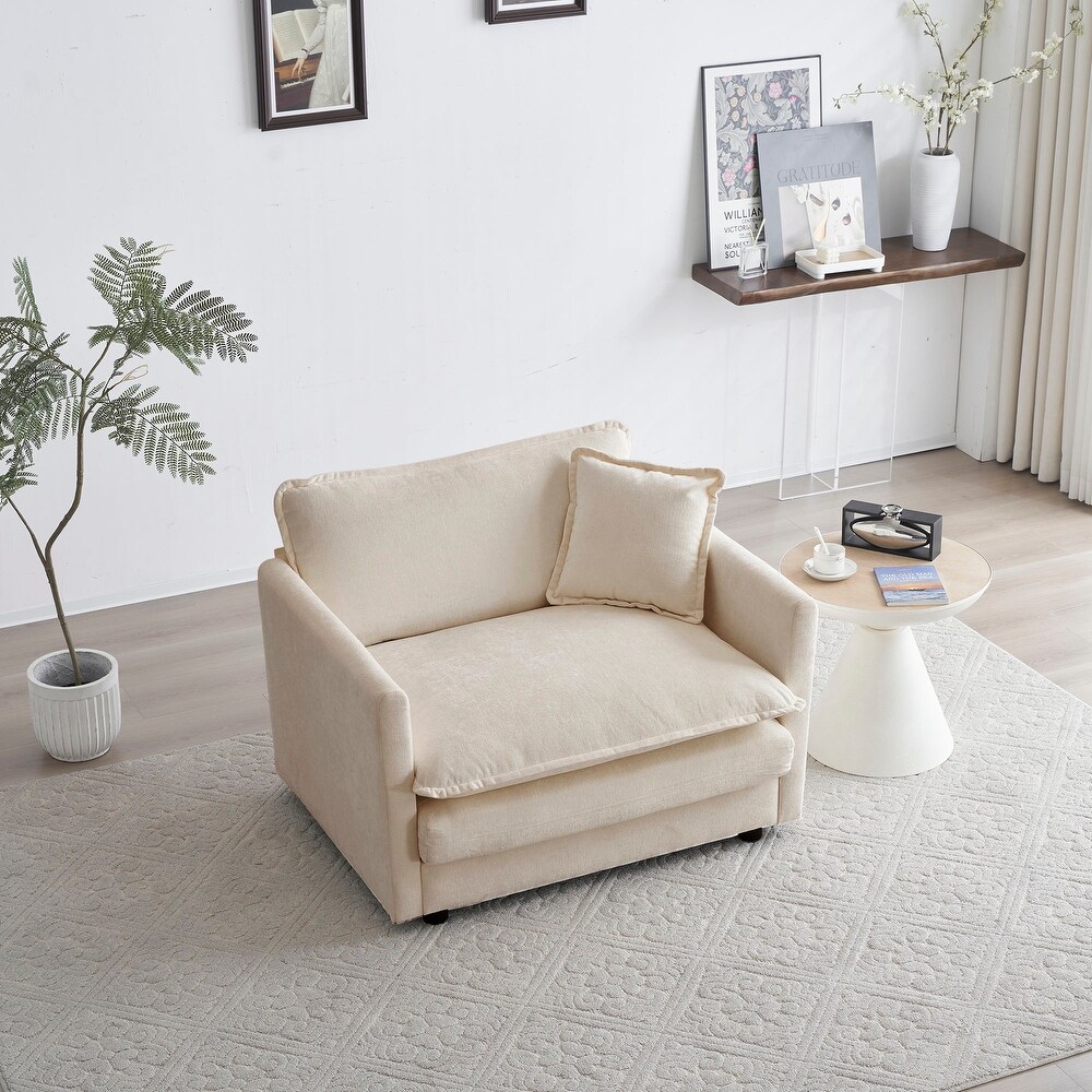 Comfy Deep Seat Single Sofa Chenille Fabric Lounge Armchair  Living Room Accent Chairs Loveseat with Toss Pillow  Beige