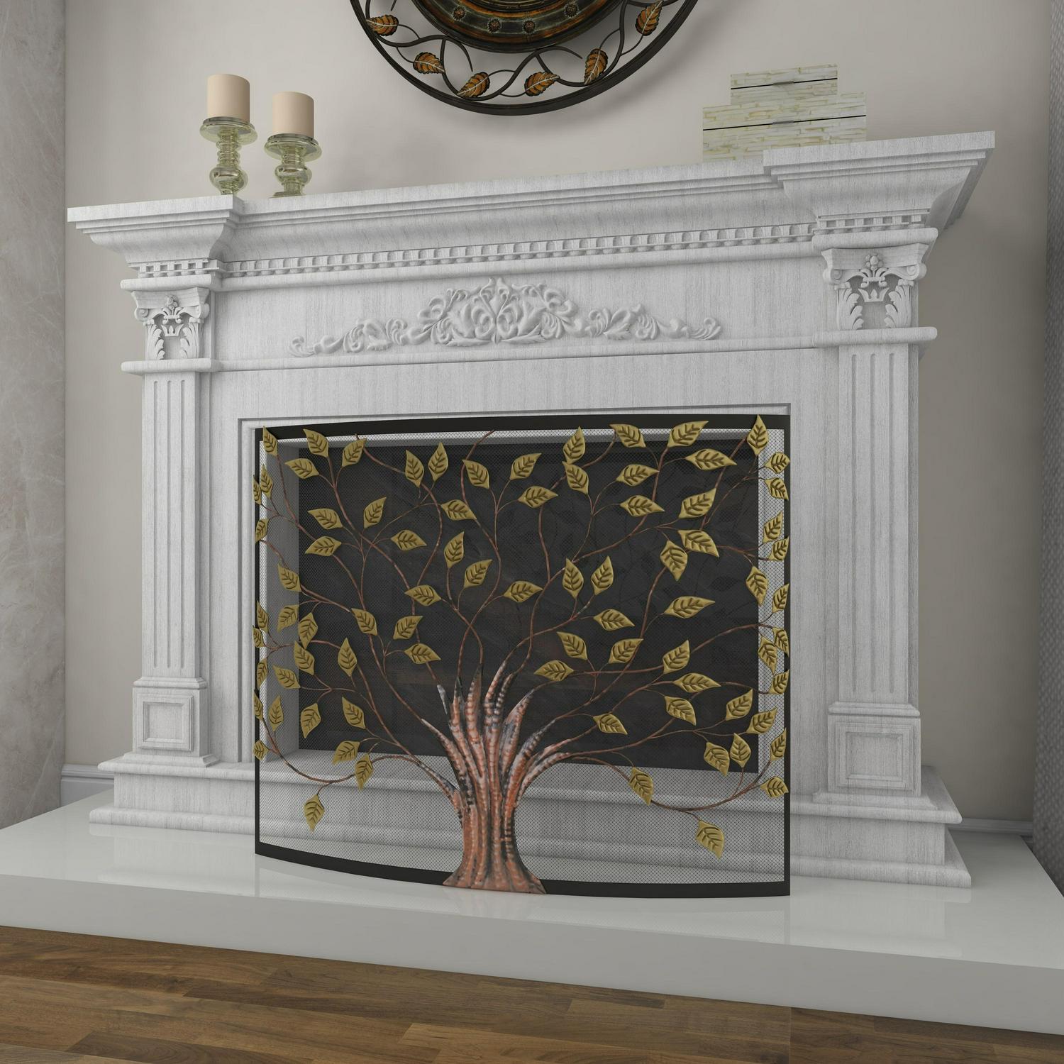 Dec Mode Farmhouse Metal Fireplace Screen with Brown and Green Tree Detail， 39 W x 33 H， Black Frame