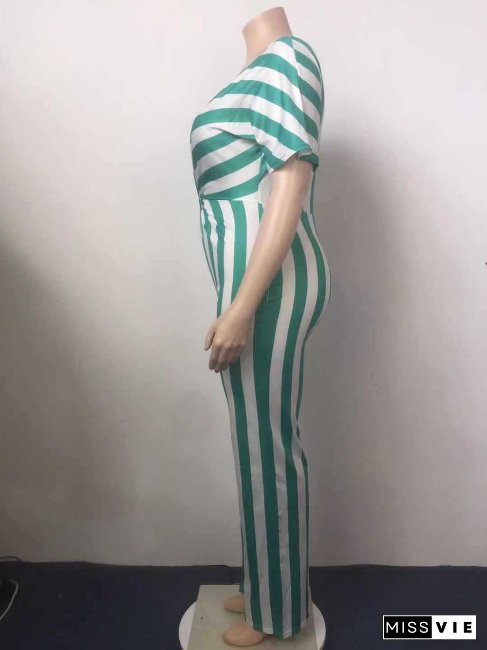 Sexy Women Summer Deep V-Neck Stripe Short Sleeve High Waist Wide Leg Elastic Loose Jumpsuit