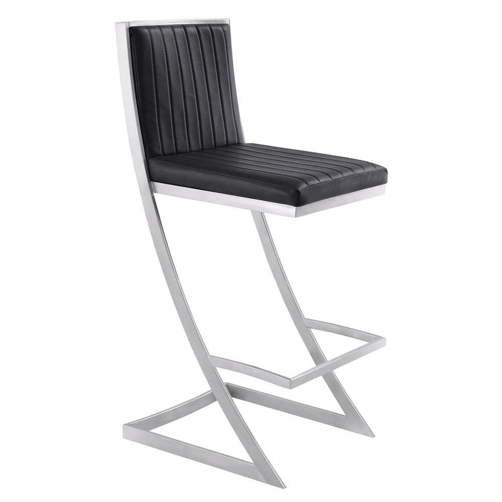 Armen Living Pinellas Modern Black Faux Leather and Brushed Stainless Steel Bar and Counter Stool 721535752614