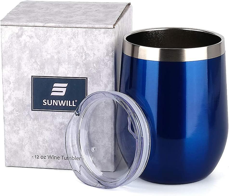 Insulated Wine Tumbler With Lid (glass Blue)， Stemless Stainless Steel Insulated Wine Glass 12oz， Double Wall Durable Coffee Mug， For Champaign， Cockt