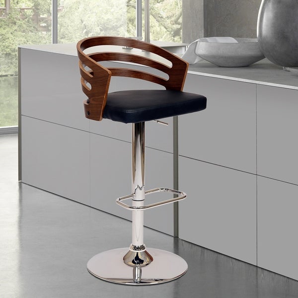 Black Faux Leather Walnut and Chrome Adjustable Swivel Bar Stool - 44