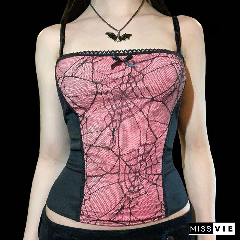 Grunge Goth Top Vintage Harajuku Sexy Cut Out Zipper Camisole Punk Spider Net Graphic Backless Summer Basic Crop Camis