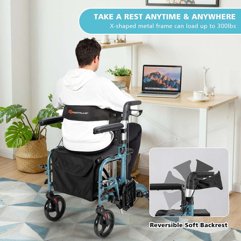 2 in 1 Rollator Walker Wheelchair Folding Medical Walker Rolling Transport Chair Mobility Walking Aid