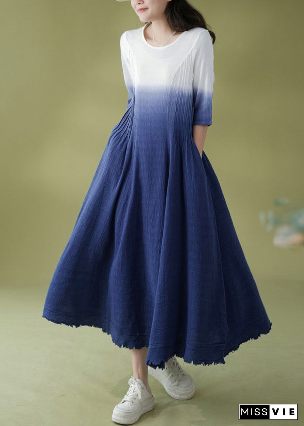 Gradient Color Blue O-Neck Wrinkled Ramie Long Dress Short Sleeve