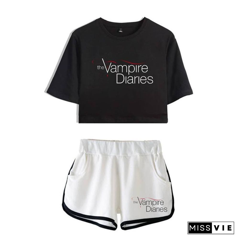 Summer Funny the Vampire Diaries Two Piece Set Summer Harajuku Cotton Print Crop Top T Shirt and Shorts