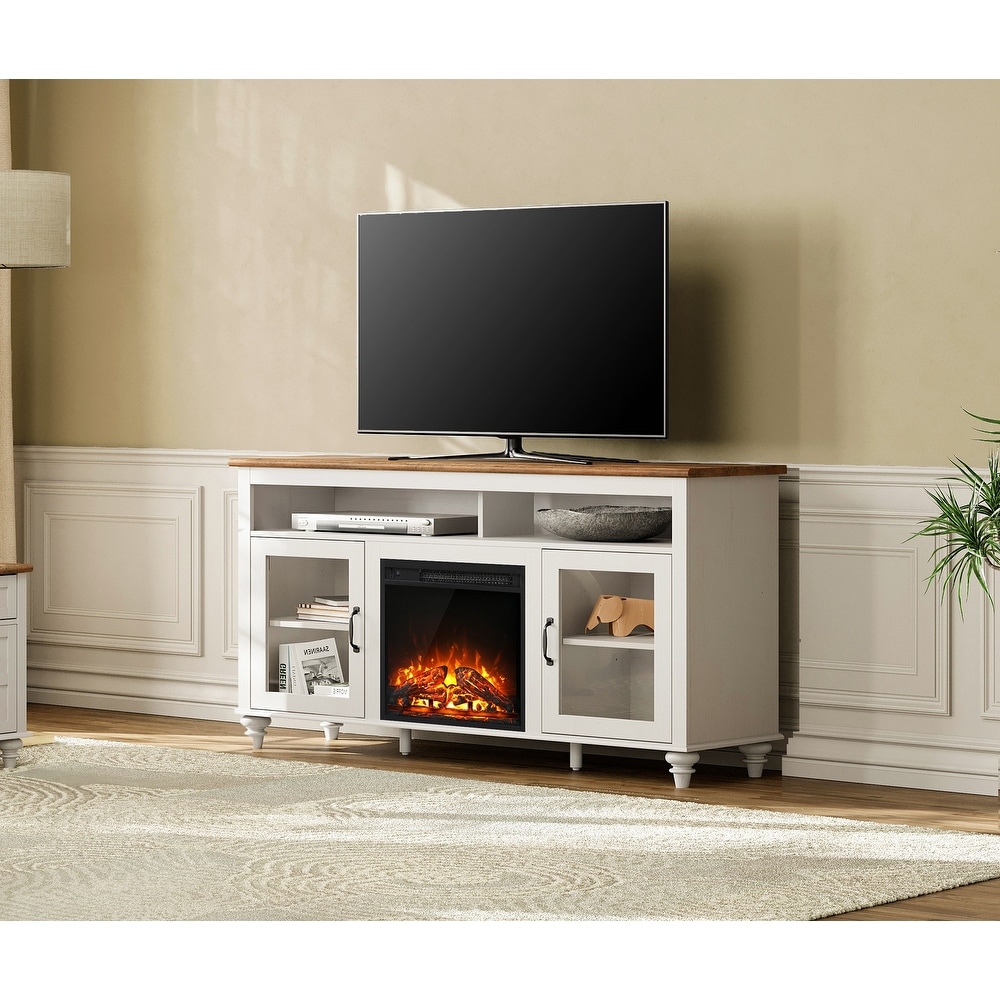 WAMPAT Fireplace TV Stand   Farmhose Entertainment Center with 18'' Electric Fireplace Sliding Barn Door  Storage Cabinet