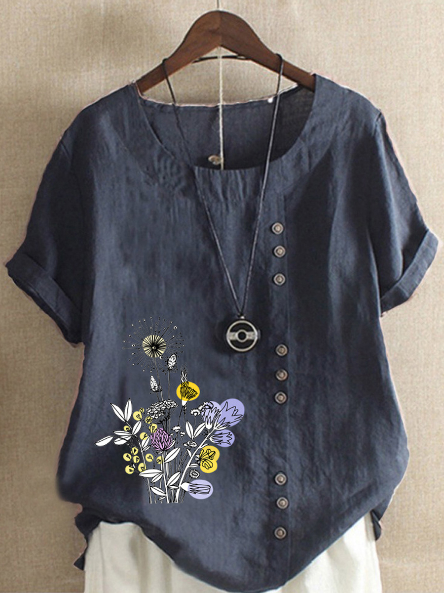 Casual Floral Print Crew Neck Short Sleeve Blouse