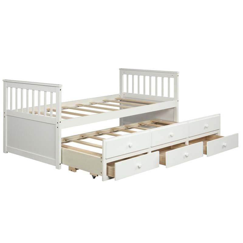 Twin Captain's Bed with Trundle Bed, Storage Daybed with 3 Drawers, Wooden Platform Bed for Kids Guests Sleepovers