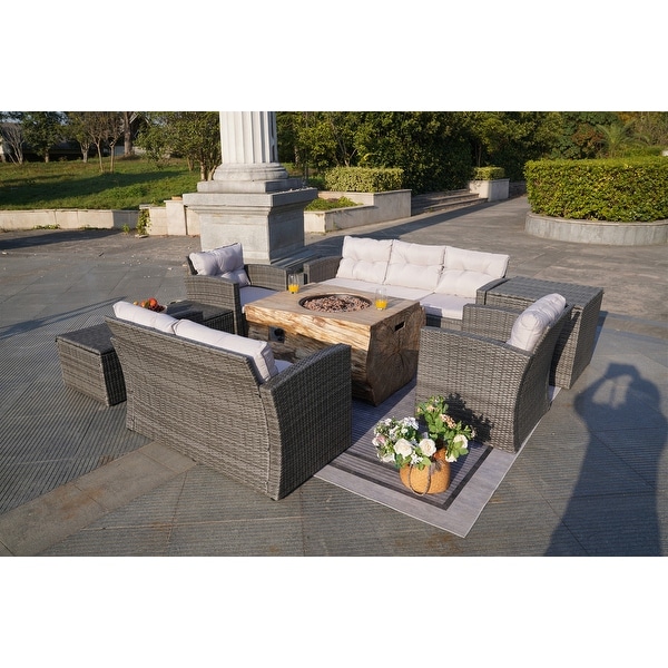 7Piece Outdoor Wicker Conversation Sofa Set with Fire Pit