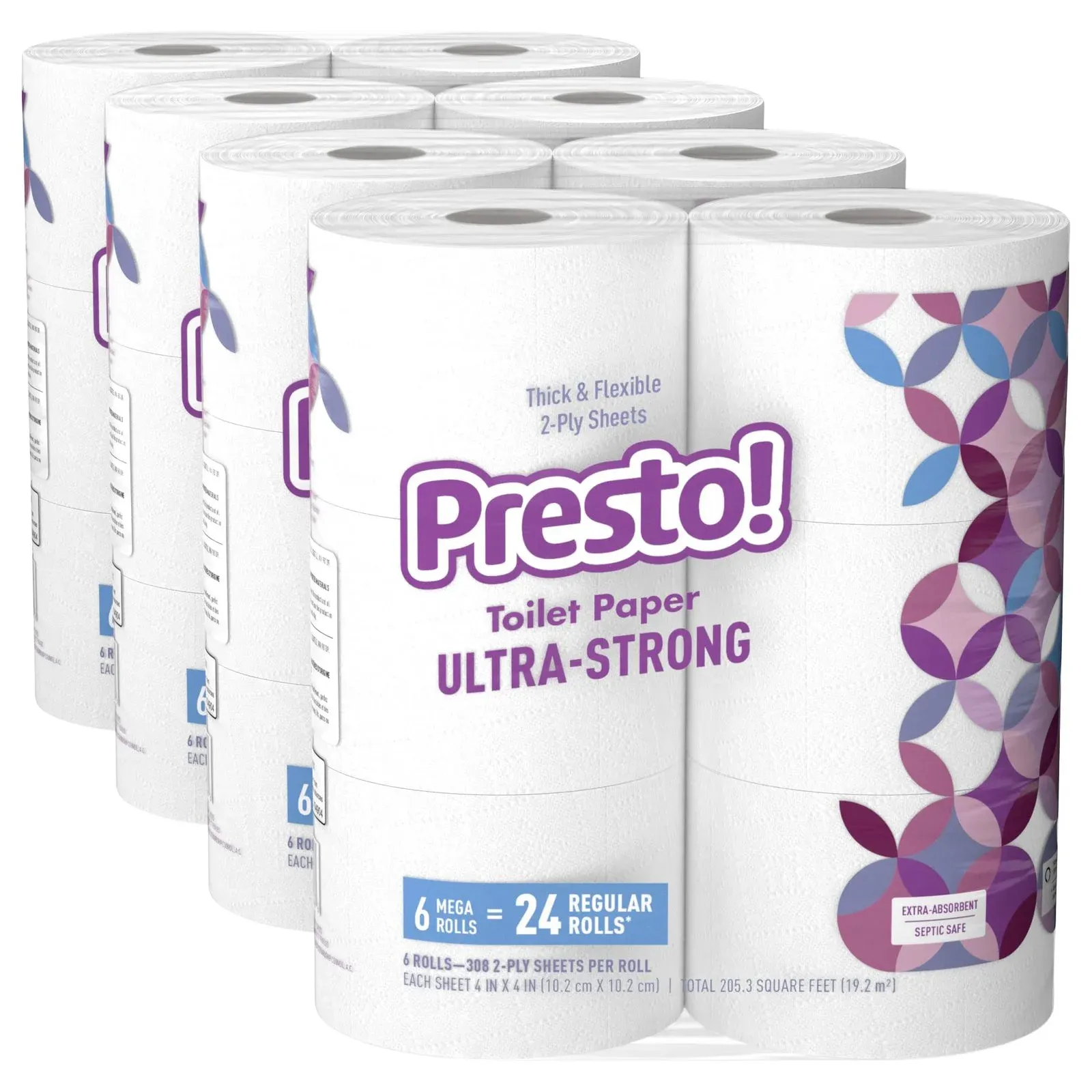 Amazon Brand – Presto! 308-Sheet Mega Roll 2-Ply Toilet Paper, Ultra-Strong, 24 Rolls (4 Packs of 6), Equivalent to 96 Regular Rolls, White