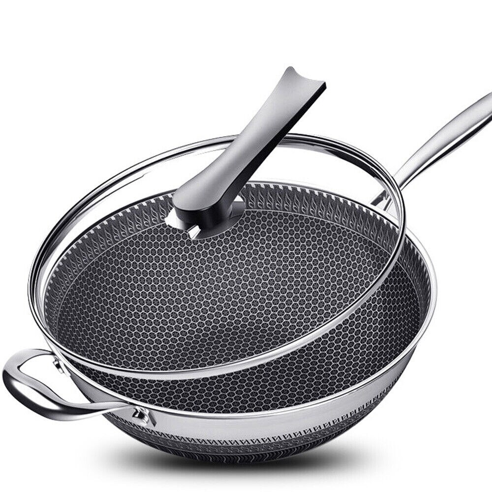 13.4 Inch Stainless Steel Wok Honeycomb Frying Pan With Glass Lid