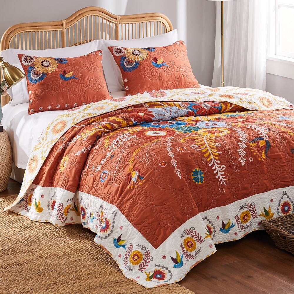 Barefoot Bungalow Topanga Orange Bohemian Floral Quilt Set