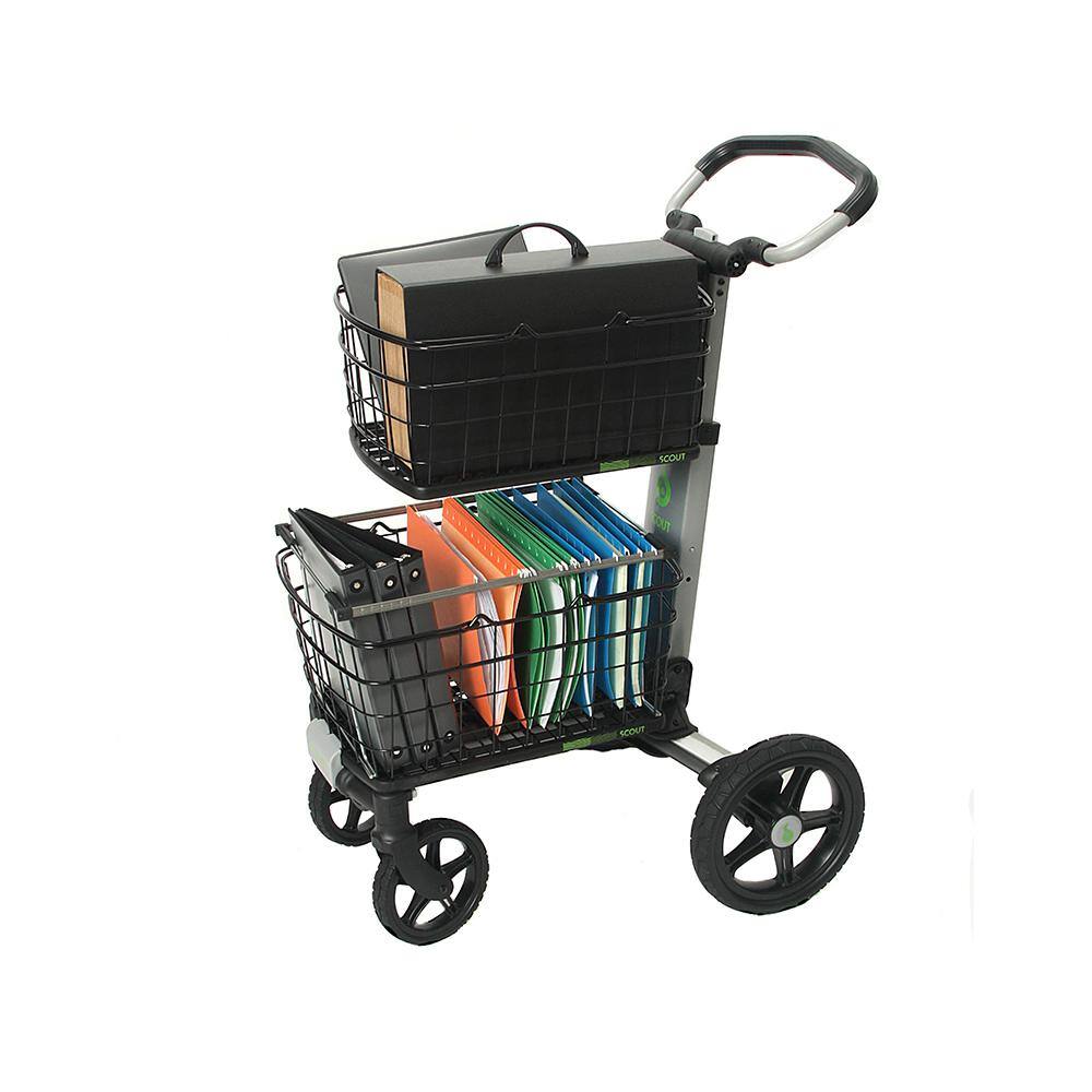 Scout Cart Folding Utility Cart 2 Removable Baskets 7 in. Swivel Front and 10 in. Rear Wheels Rubber Tires Transport Tray for Bins SCV3B