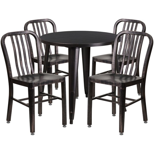 Round Metal Indoor outdoor Table Set amp 4 Slat Back Chairs