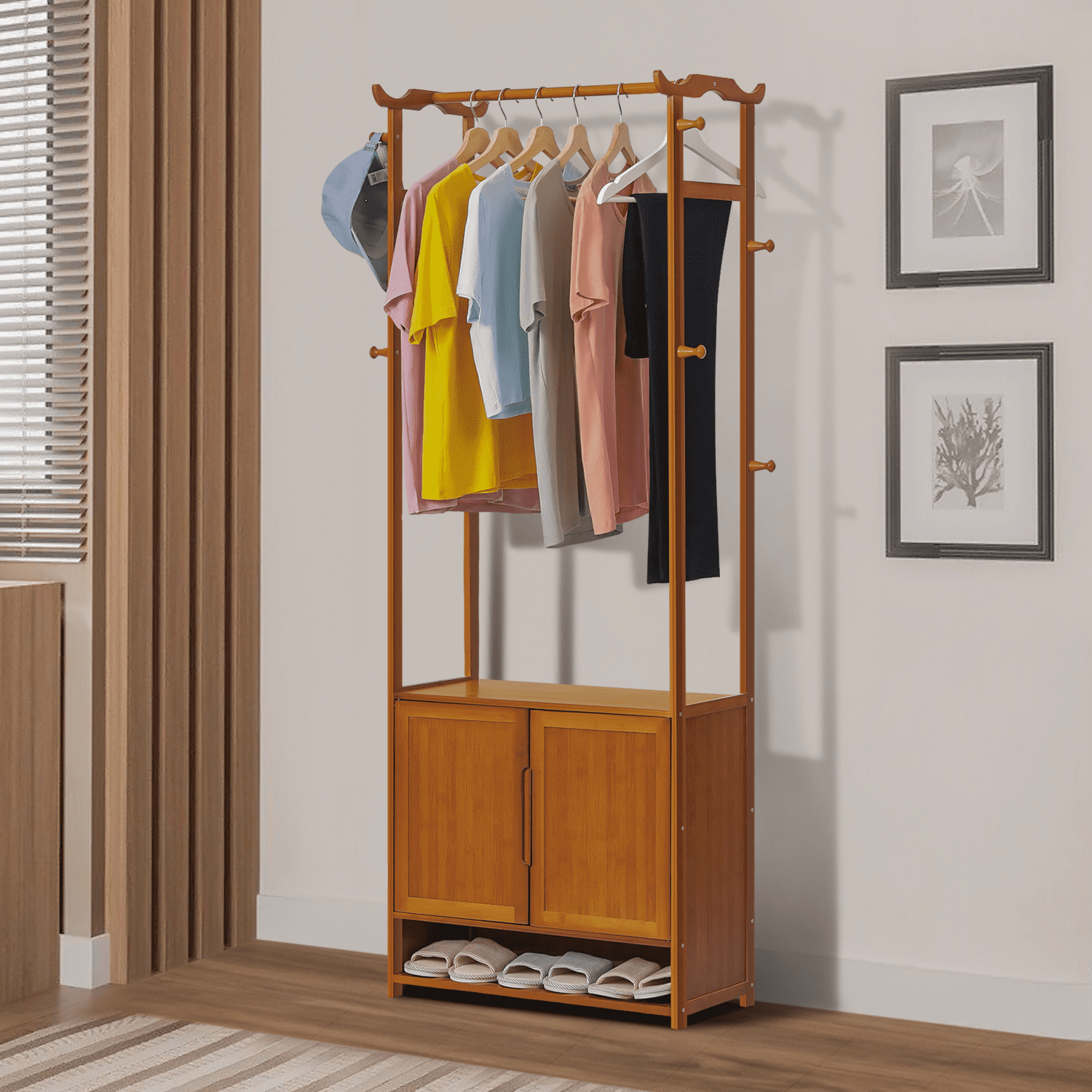 MoNiBloom Bamboo 3 Tiers Coat Rack with Door， Clothes Shoes Storage Shelf， Brown， for Bedroom