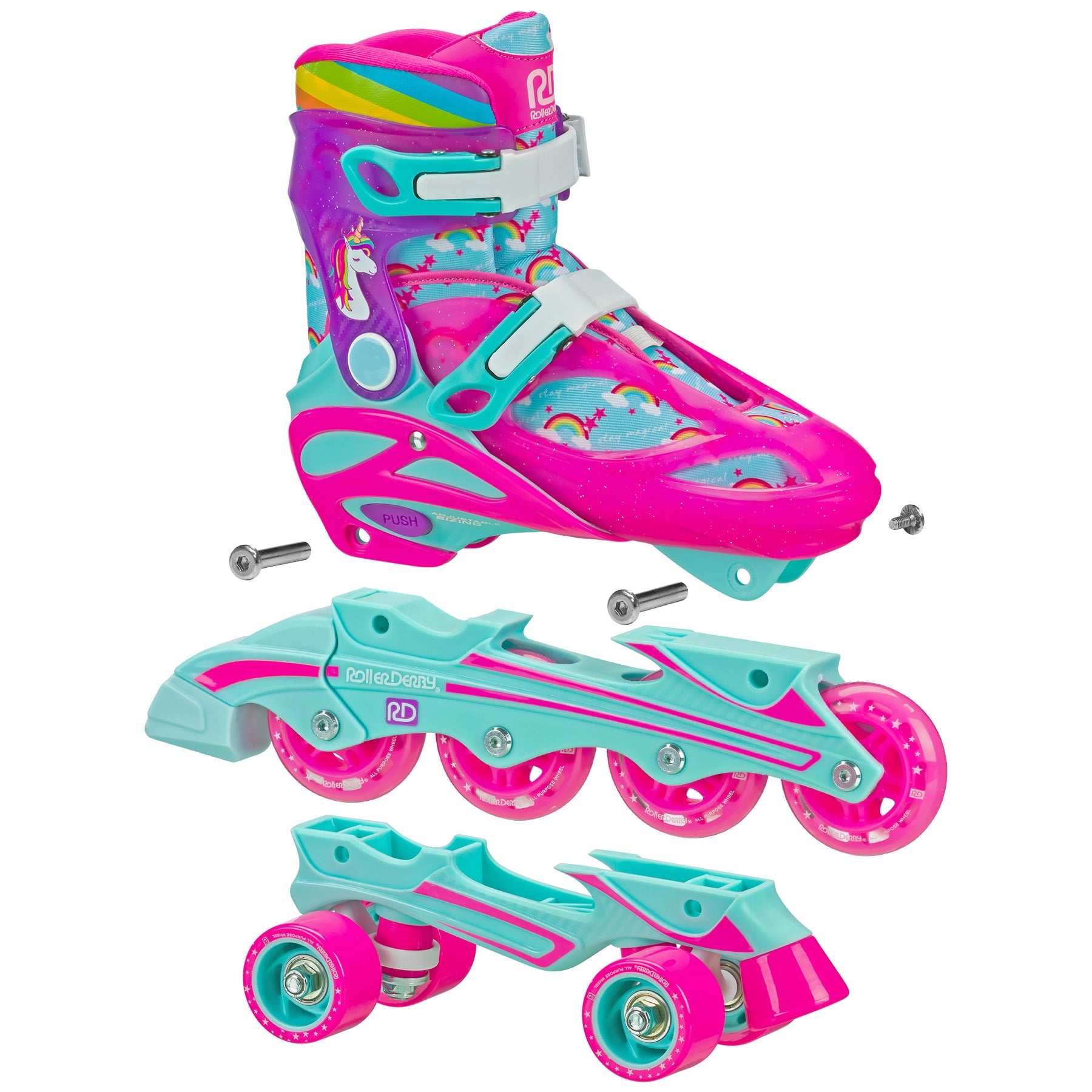 Roller Derby Sprinter Girl's 2-in-1 Quad Roller and Inline Skates Combo， Unicorn (Size 3-6)