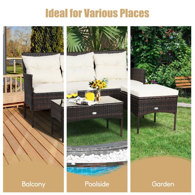 Tangkula 3 Pcs Patio Furniture Set Outdoor All Weather Wicker Conversation Set W cushioned Ottoman amp Side Table