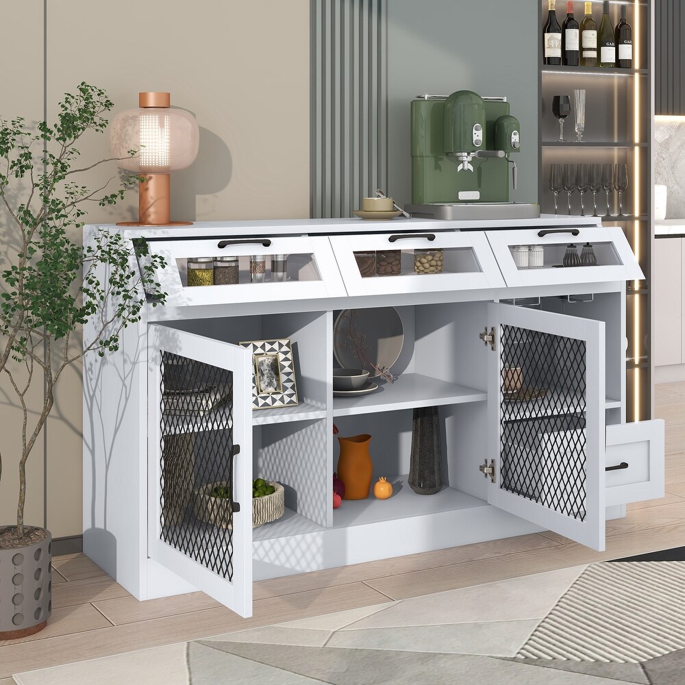 Kitchen Sideboard Multifunctional Buffet Cabinet with Drawers  Mesh Metal Doors and Wineglass Holders