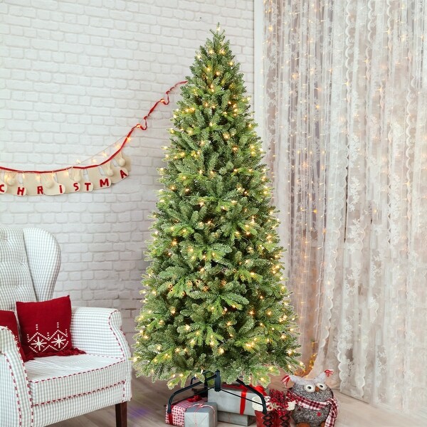 8FT PreLit Slim Christmas Tree，Green，Fir Xmas 'Feel Real' Artificial Tree，White Lights，Metal Hinged，Foldable Base