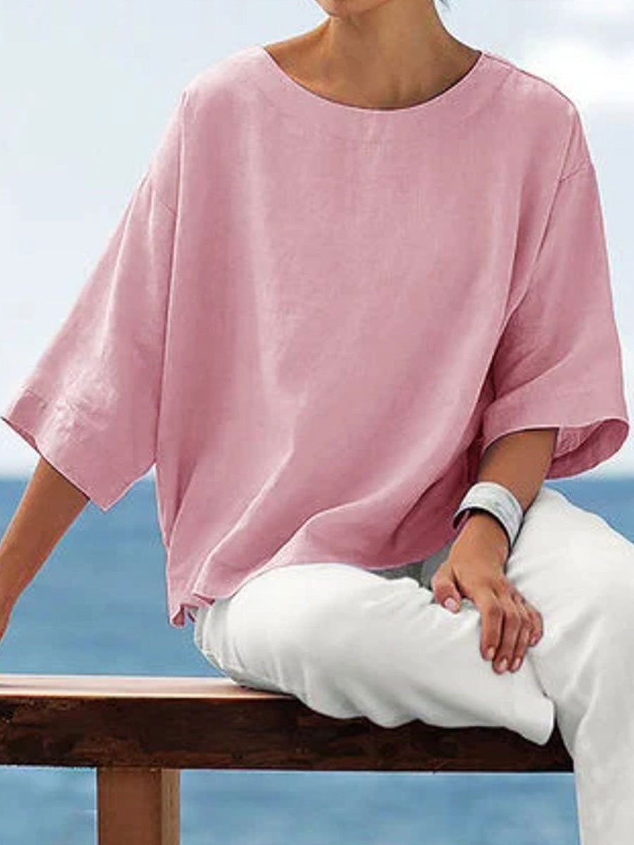 Round Neck Solid Color Simple Fashion Blouse