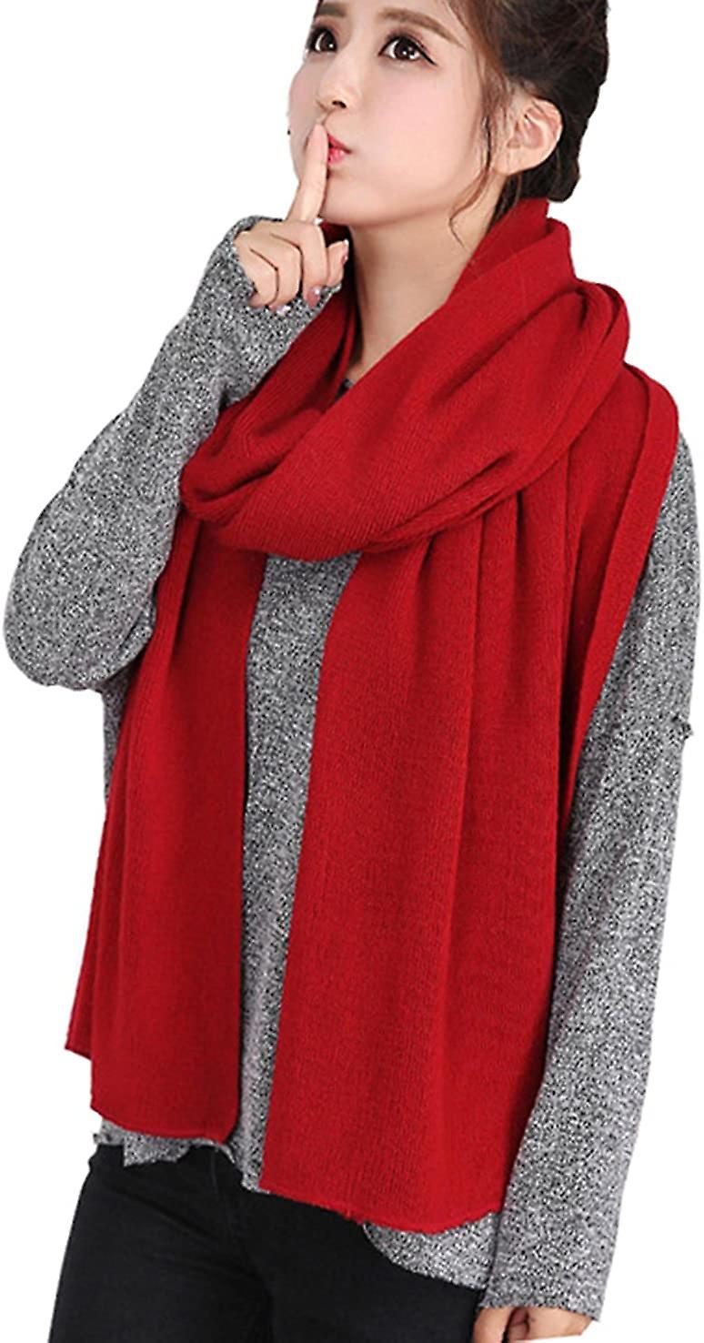 Women's Warm Long Shawl Winter Warm Large Scarf Pure Color Wine Red -