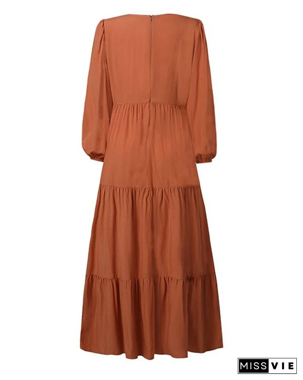 Women Retro Solid Color Back Zipper Puff Sleeve Loose Casual Maxi Dress