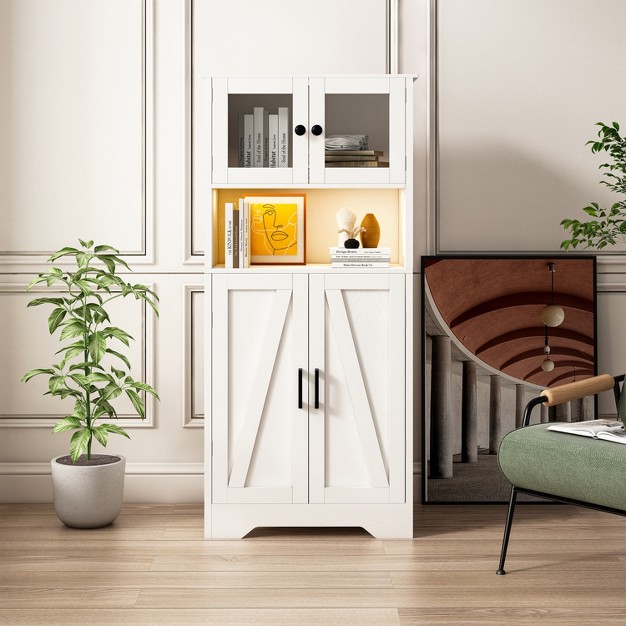 4 door Storage Cabinet With Led Lights And Open Storage For Living Room Dining Room Bathroom And Kitchen White Modernluxe