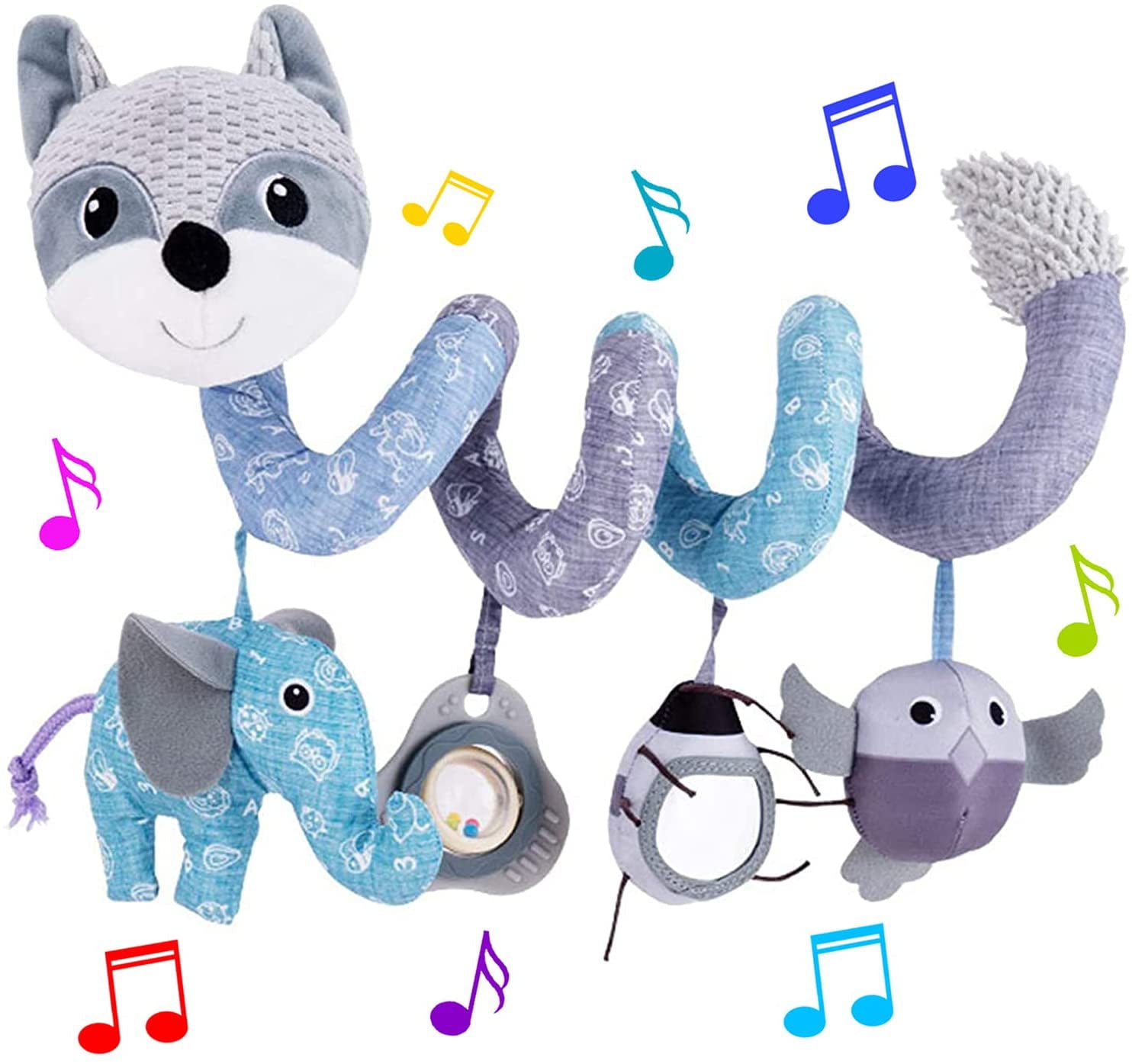 Car Seat Toys， Infant Baby Gray Fox Spiral Plush Activity Hanging Toys for Car Seat Stroller Bar Crib Bassinet Mobile with Music Box BB Squeaker and Rattles（Gray）