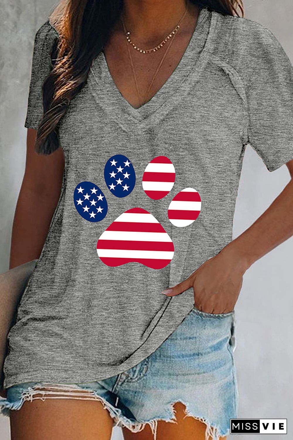 American Dog US Flag Print V Neck Graphic Tee