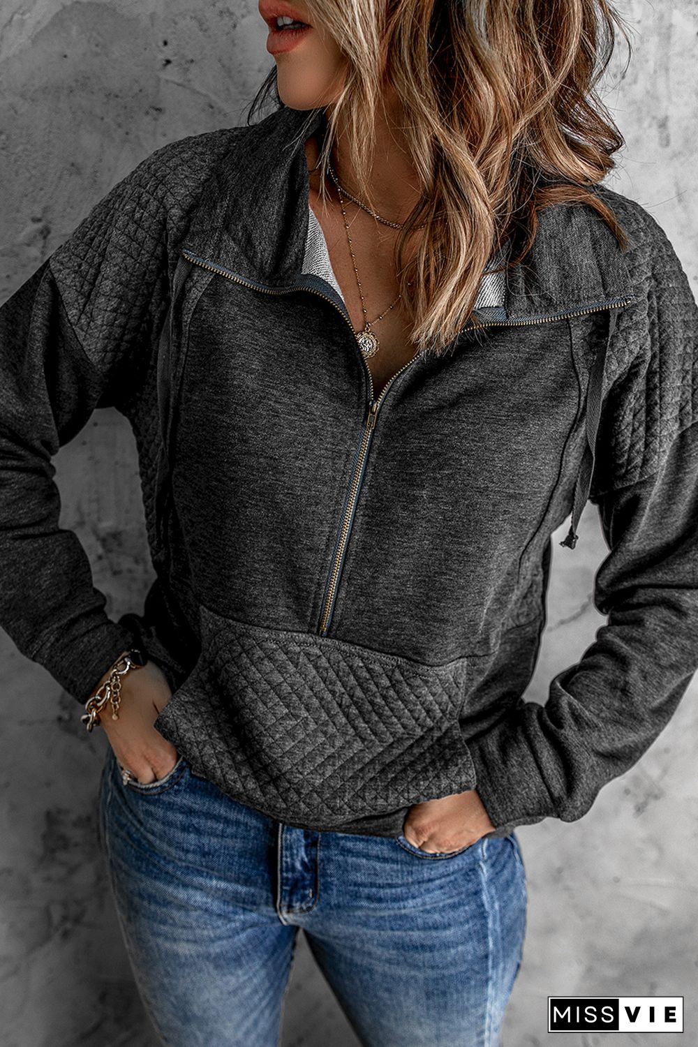 Gray Quilted Patch Half Zipper Sweatshirt